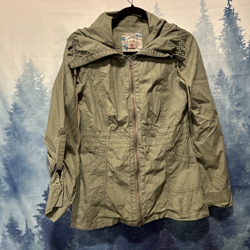 Decree Army Green Boho zip up cuffed sleeve lightweight jacket size Small